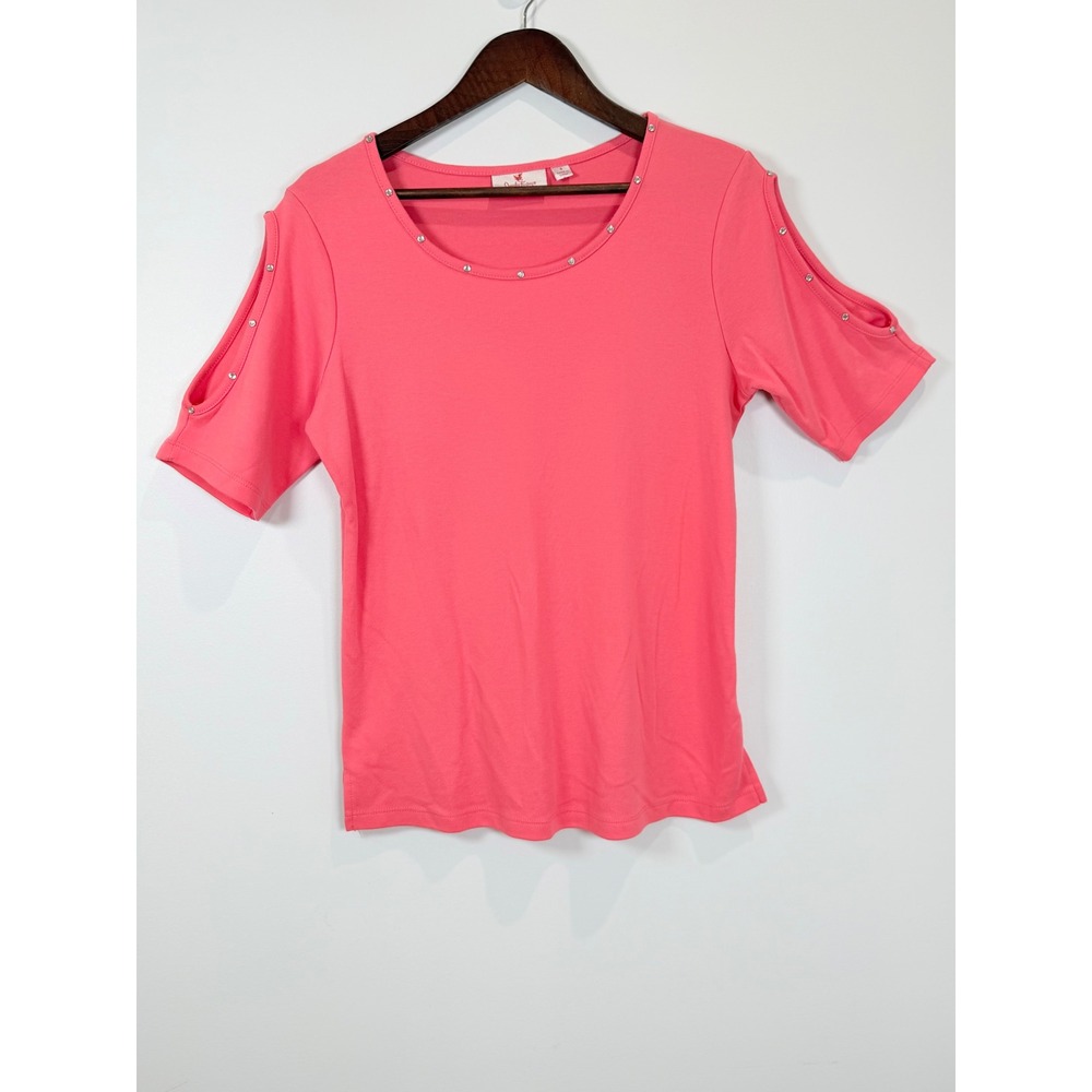Quacker Factory Coral Pink Cold Shoulder Rhinestone Knit Top Small A289688